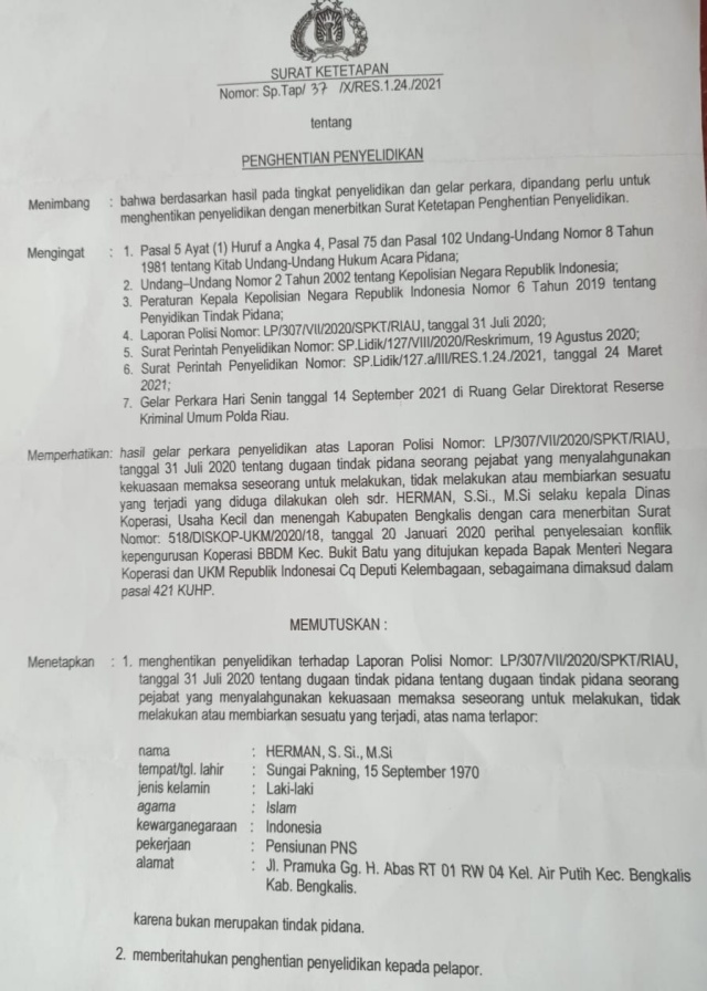 Mentahkan Laporan Suwitno Pranolo, Polda Hentikan Penyelidikan Terhadap Mantan Kadiskop Kabupaten Bengkalis