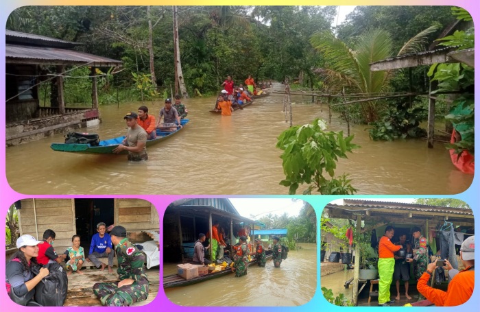 Satgas Pamtas Yonif 645/GTY Bantu Evakuasi Warga Terdampak Banjir dan Bagikan Bantuan Sembako