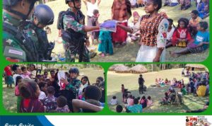 Keceriaan Masyarakat Gereja Konikme Saat Satgas Yonif 721/Mks Bagikan Sembako dan Baju Ibadah