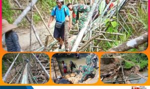 Implementasikan Perintah Harian KASAD, Satgas Pamtas Yonif 645/Gty Bersama Warga Bangun Jembatan Darurat