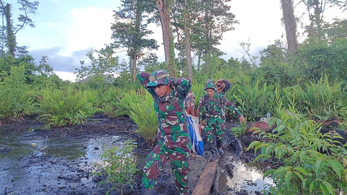 Bangun Kebersamaan, Satgas Yonif 125/SMB Gotong Royong Mencari Kayu